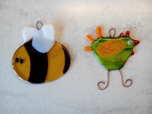 fused glass bee and hen